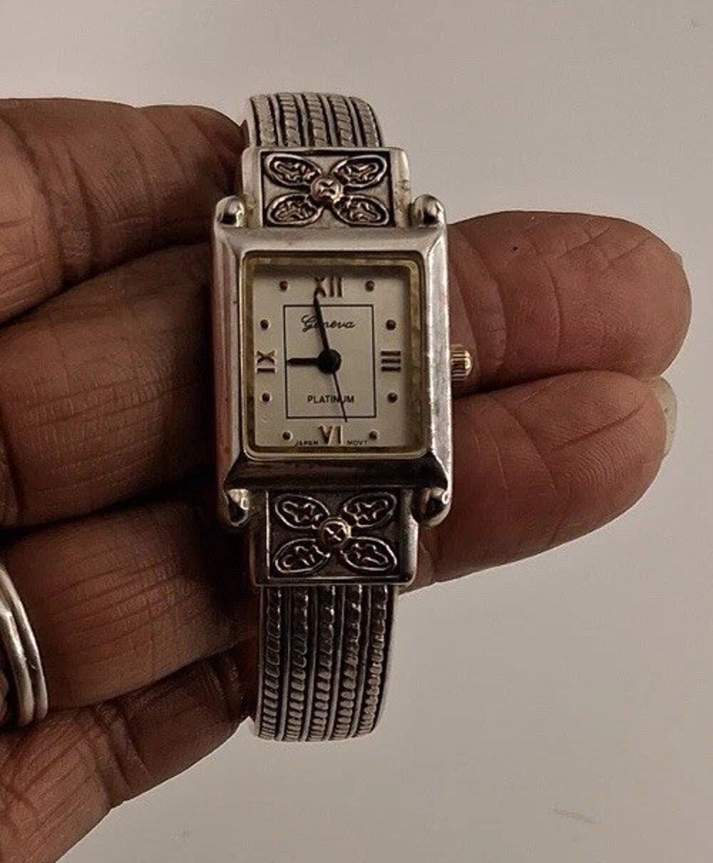 Geneva Platinum Womens Cuff Watch Silver Gold Floral Etched Rectangular 7014